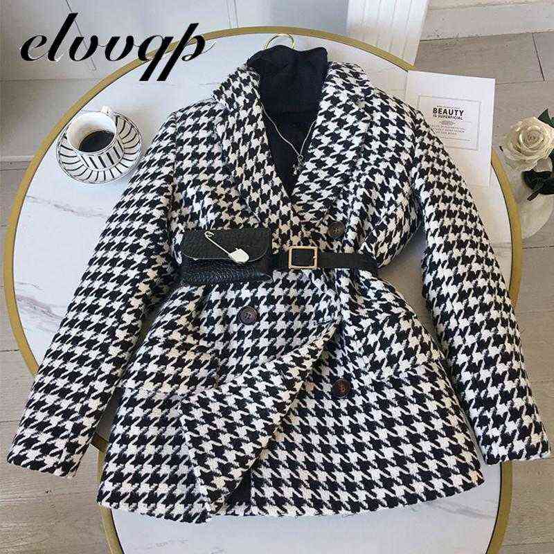 Autumn Winter Blazer Woolen Coat Women Fashion Elegant Double Breasted Houndstooth Thick Office Work Jacket Suit With Waist Bag 211116