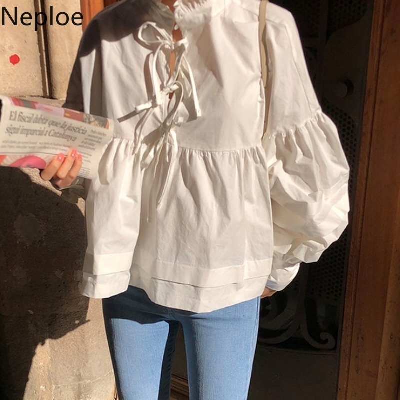Neploe Women Blouses Loose Bandage Bowknot Tops Korean Vintage Sweet Blusas Mujer Lace Stand Neck Lantern Sleeve White Shirts 210422