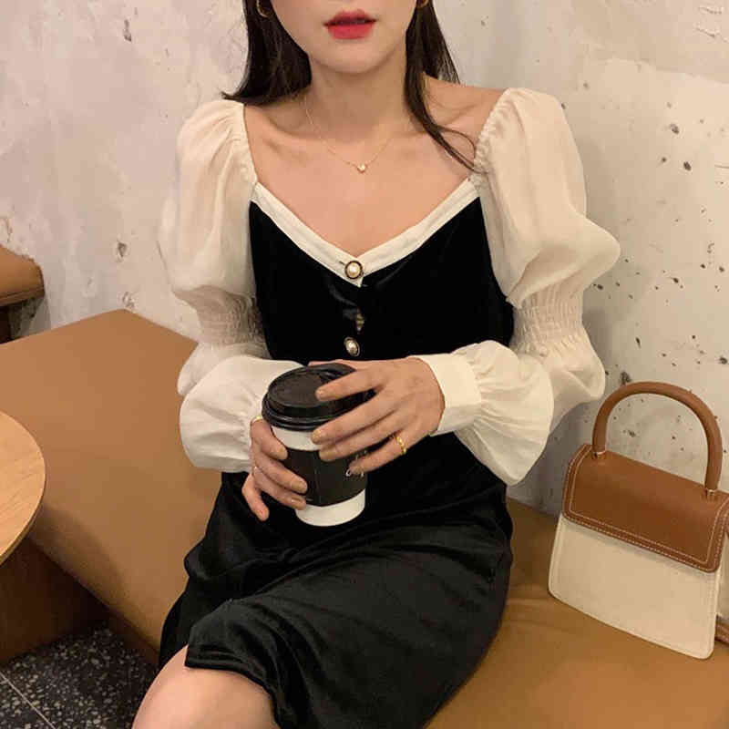 Nomikuma Korean Hit Color Patchwork Velour Dresses Puff Sleeve Square Collar Women Dress Spring New Vestidos Femme 6E978 210427