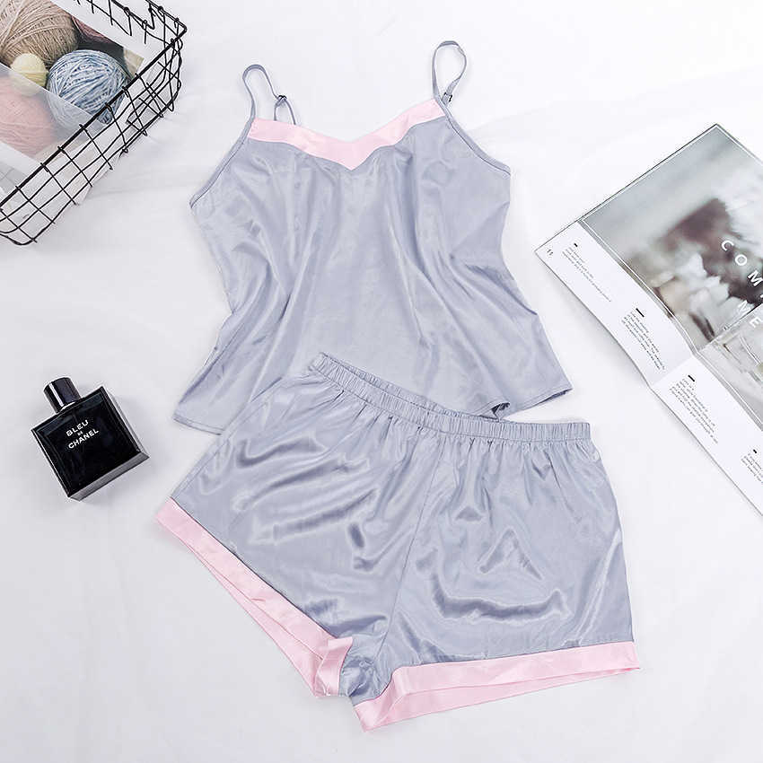 2pcs Pajama Set Women Satin Silk Pyjamas Sexy Sleep Cami Top Shorts Set Homesuit Lingerie Sleepwear Q0706