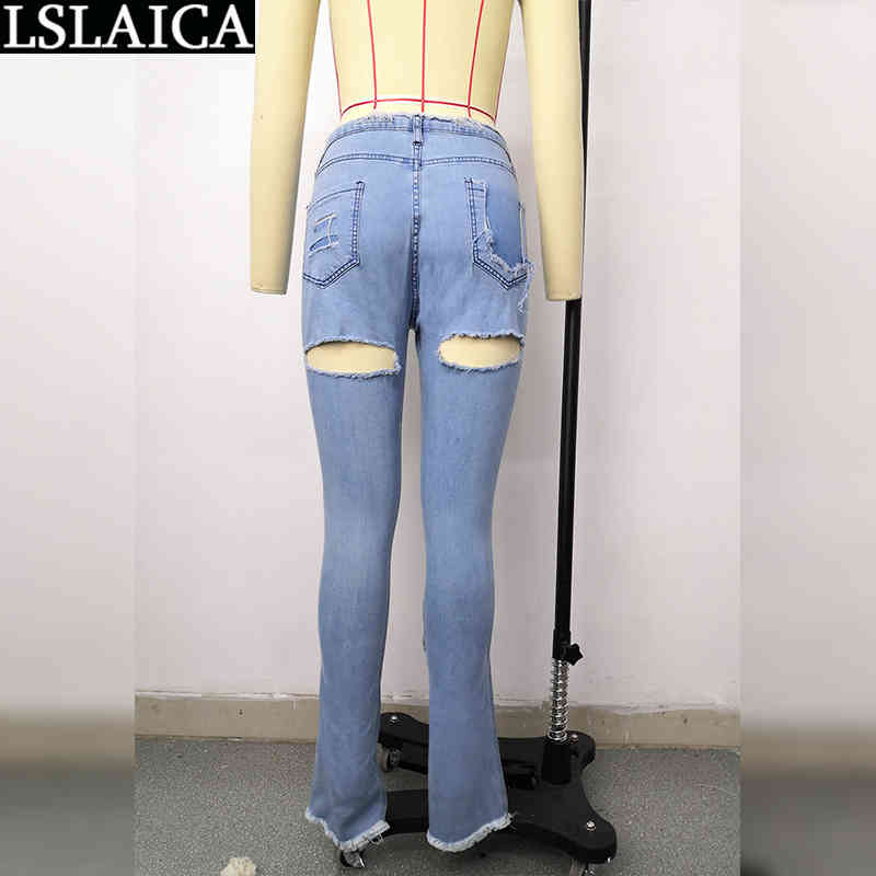 Pants Women Casual Plus Size Button Zipper Trousers Fashion Personality Hole Slim Flare Jeans Pantalones Para Mujer 210515