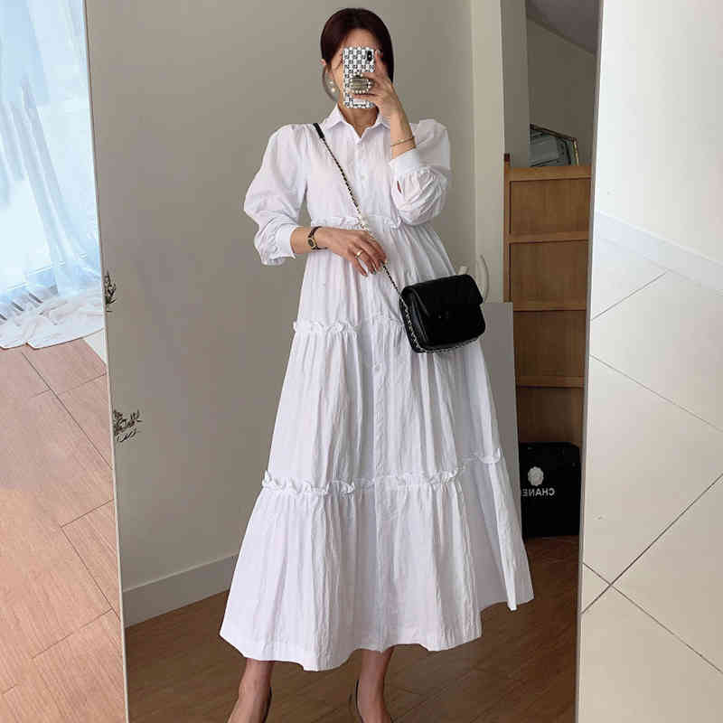 Spring Women's Korean Elegant Turn-dwon Single-breasted Wooden Ear Decorative Large Swing Dress ZT1206 210427