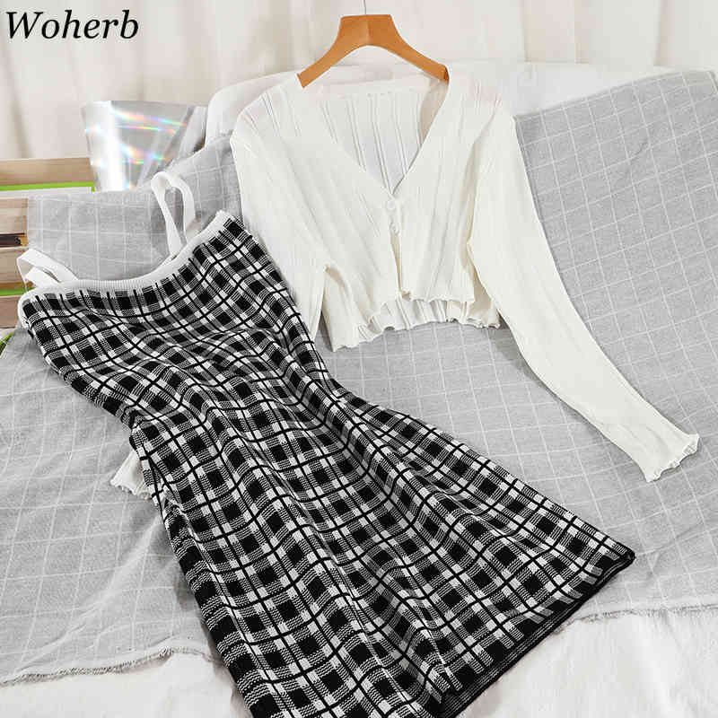 Suit Female Korean Fashion Cropped Cardigan Knitted Jacket Slim Sling Dresses Femme Roupas Chic Two Piece Sets Women 210519