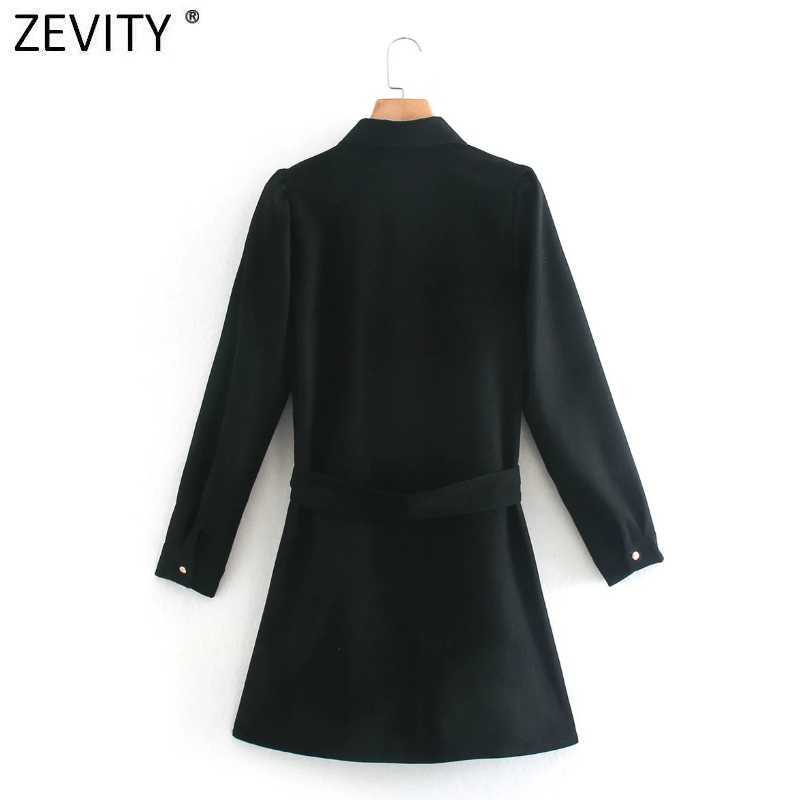 Zevity Women Vintage Single Breasted Long Sleeve Mini Shirt Dress Chic Lady Turn Down Collar Black Vestido Casual Dresses DS4779 210603