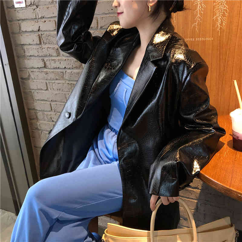 Autumn Leather Jacket Women PU Slim Coats Ladies Clothing Crocodile Pattern Suit Loose Coat ZA5817 210427