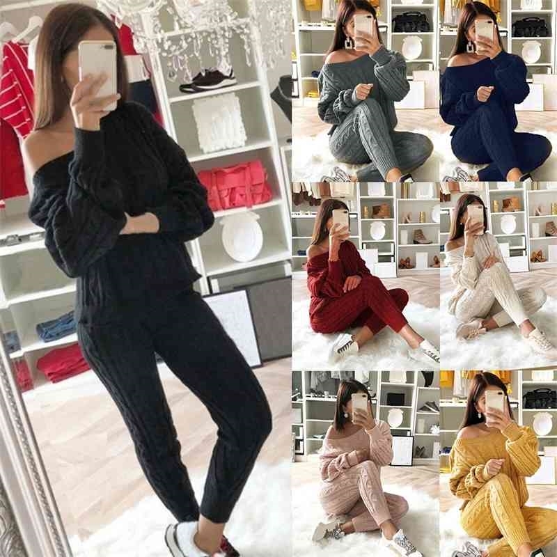 women sweater Knitted 2 Piece Set Long Sleeve Crop Tops And Long Pants Sexy Autumn Winter Sweater Two Piece Set Outfits T200821