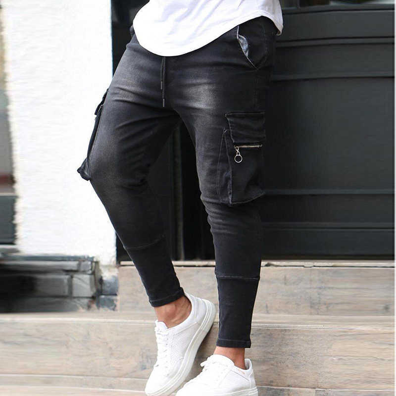 2021 New Autumn Men's Stretch Slim Fit Jeans Casual Fashion Pocket Denim Trousers Daily Men Jeans Street Style Hip Hop Pants BK X0621