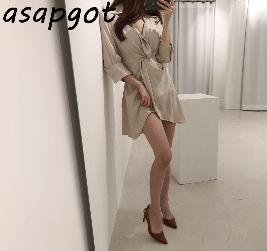 Spring Casual Retro Slim Waist Big Pocket Long Sleeve Lapel Irregular Shirt Dress Women Mini Solid Fashion Clothes Vestidos 210429