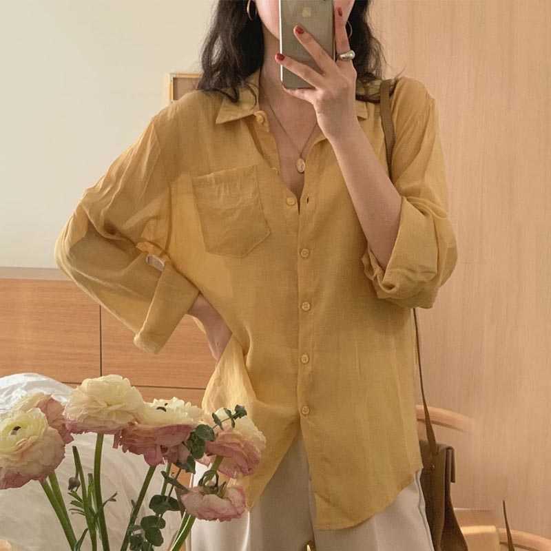 Korejpaa Women Shirt Korean Style Fashion Simple Single-row Buckle Loose Casual Outer Wear Long-sleeved Blouse Top Girl Blusas 210526