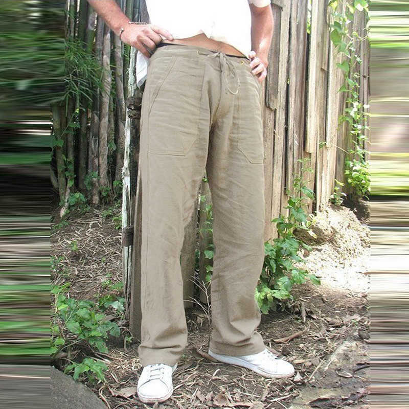 Summer Mens Cotton Linen Trousers Summer Pants 5XL Casual Male Solid Elastic Waist Straight Loose Pants Plus Size Y0811