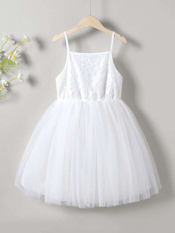 Girls Contrast Lace Mesh Overlay Cami Dress SHE