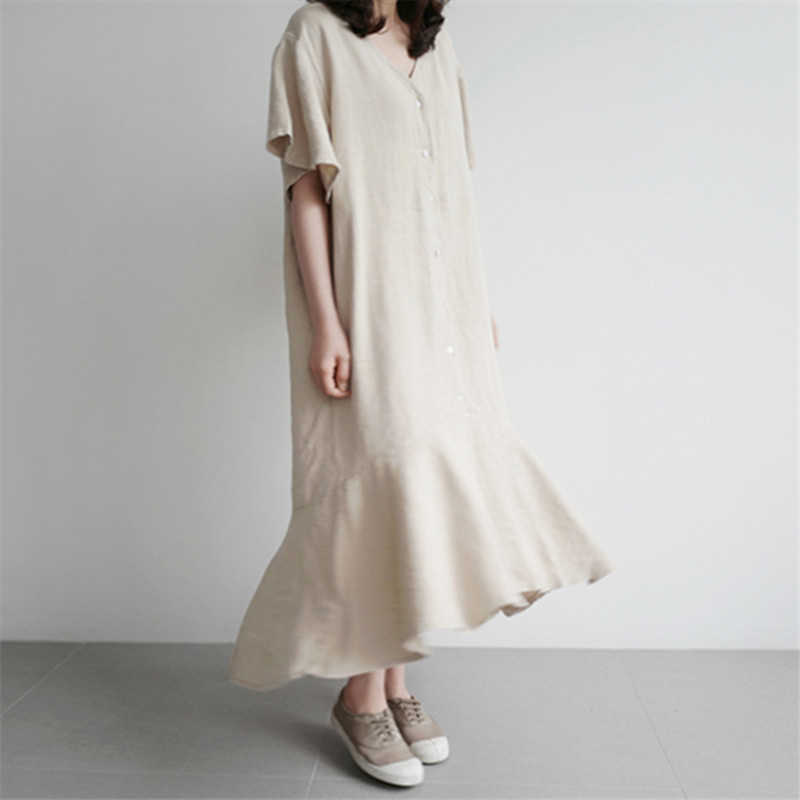 Loose Cotton and Linen Solid Dresses Butterfly Sleeve Ruffles V-neck Shirt Irregular Fishtail Knee-Length for Women 210615