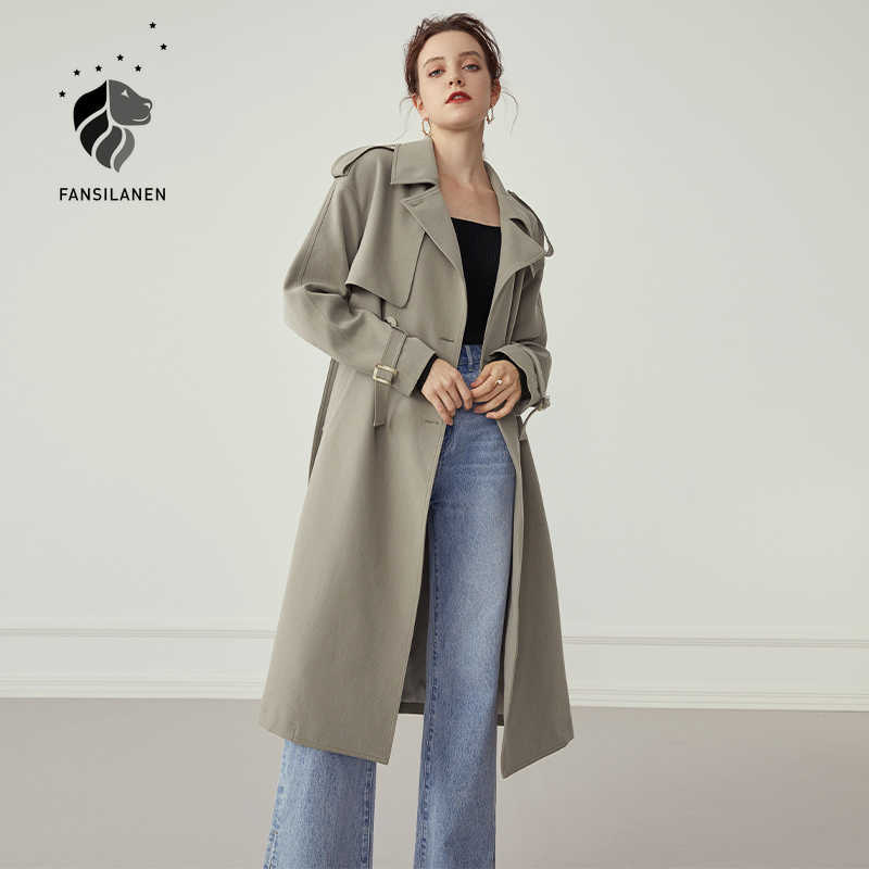FANSILANEN Fashion autumn winter long trench coat Women's windbreaker casual streetwear belt jacket Elegant green femme 210607
FANSILANEN Fashion autumn winter long trench coat Women's windbreaker casual streetwear belt jacket Elegant green femme 210607
