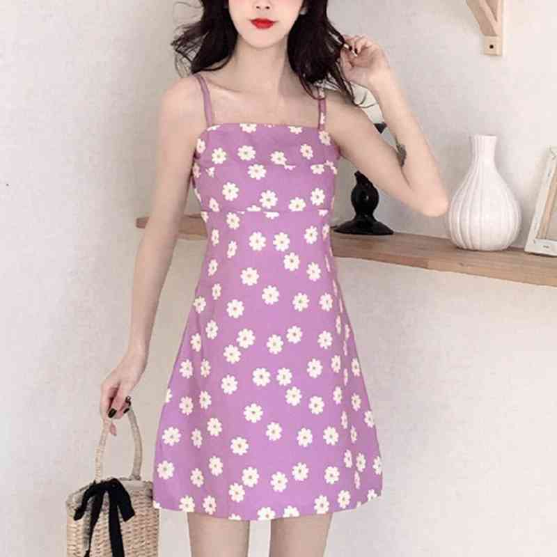 Korean fashion mini beach dress elegant women spaghetti strap sleeveless backless vintage floral short evening party dresses 210521