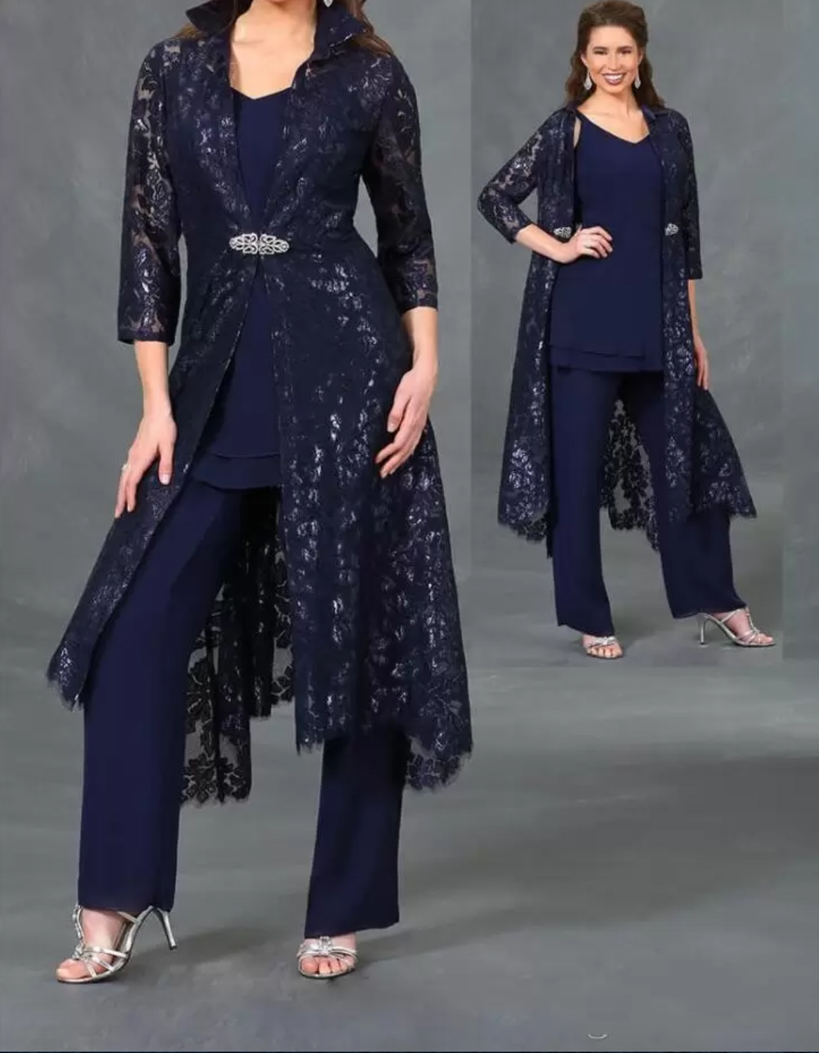 3 piece Mother of the Bride Pant Suits with 3/4 Lace Sleeves Jacket Formal Evening Gowns Plus Size Wedding Guest Dresses