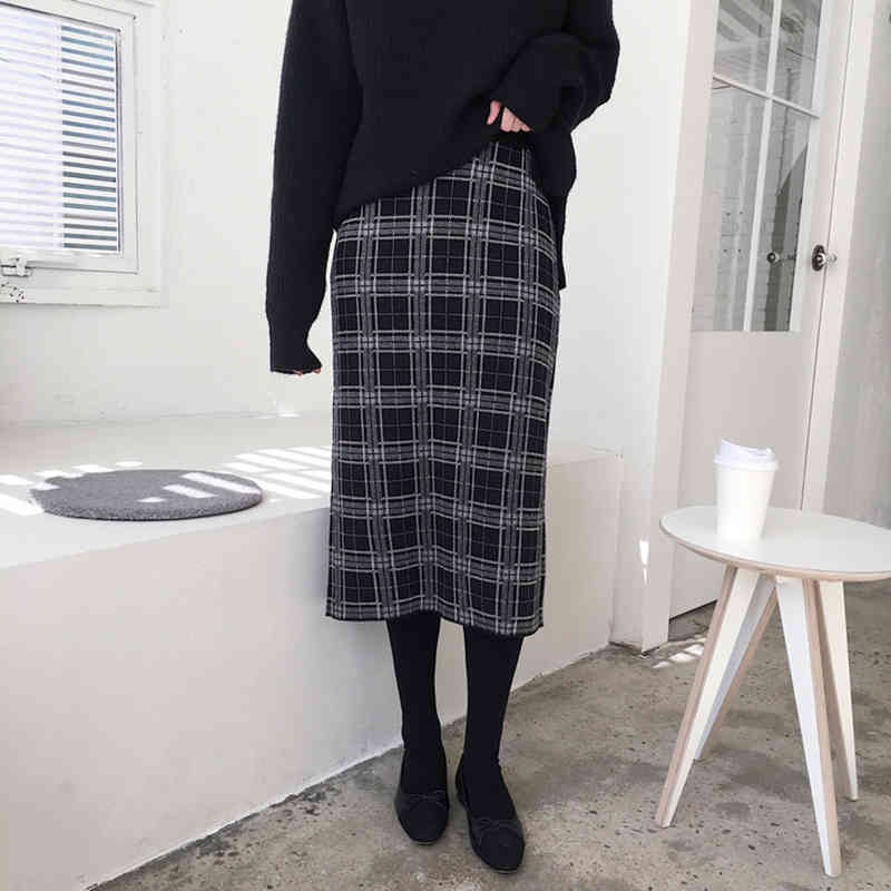 Plaid Skirts Womens Autumn Winter Vintage Saia Slim Casual Women Knee Length Pencil Elegant OL Bodycon 210515