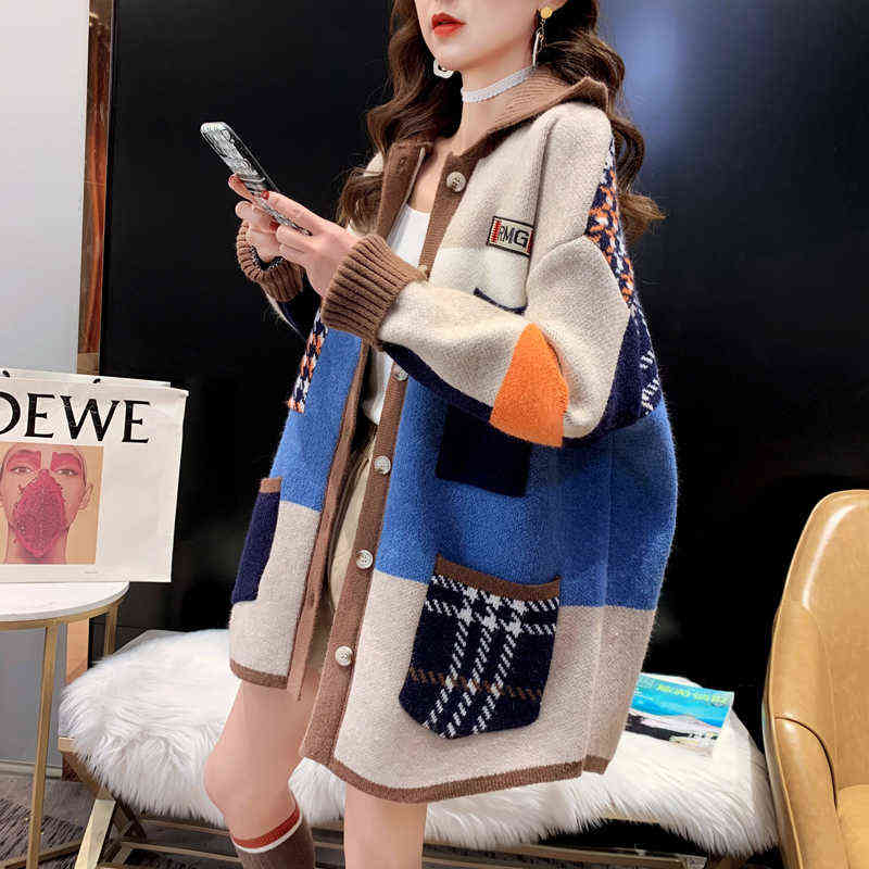 TIGENA Autumn Winter Women Long Cardigan Contrast Print Pocket Button Oversize Sweater Cardigan Female Street Jacket Coat 211117