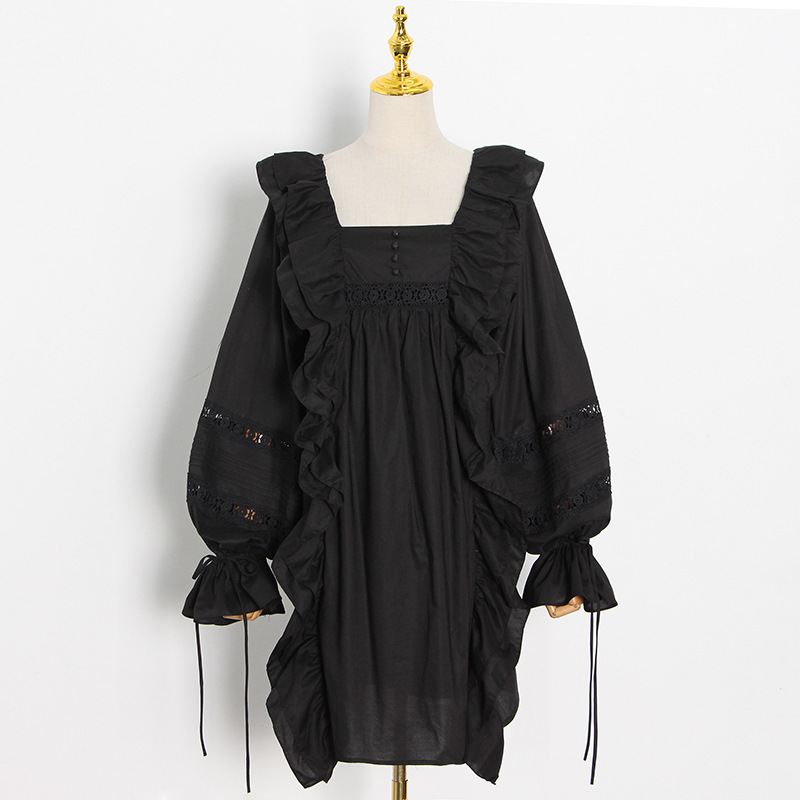 Getspring Women Dress Lantern Sleeve Ruffles Patchwork White Black Loose es Long Hollow Out Girls Summer 210513