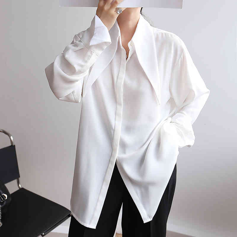 Loose White Blouse For Women Lapel Long Sleeve Casual Minimalist Basic Shirt Female Fashion Clothes Spring 210524