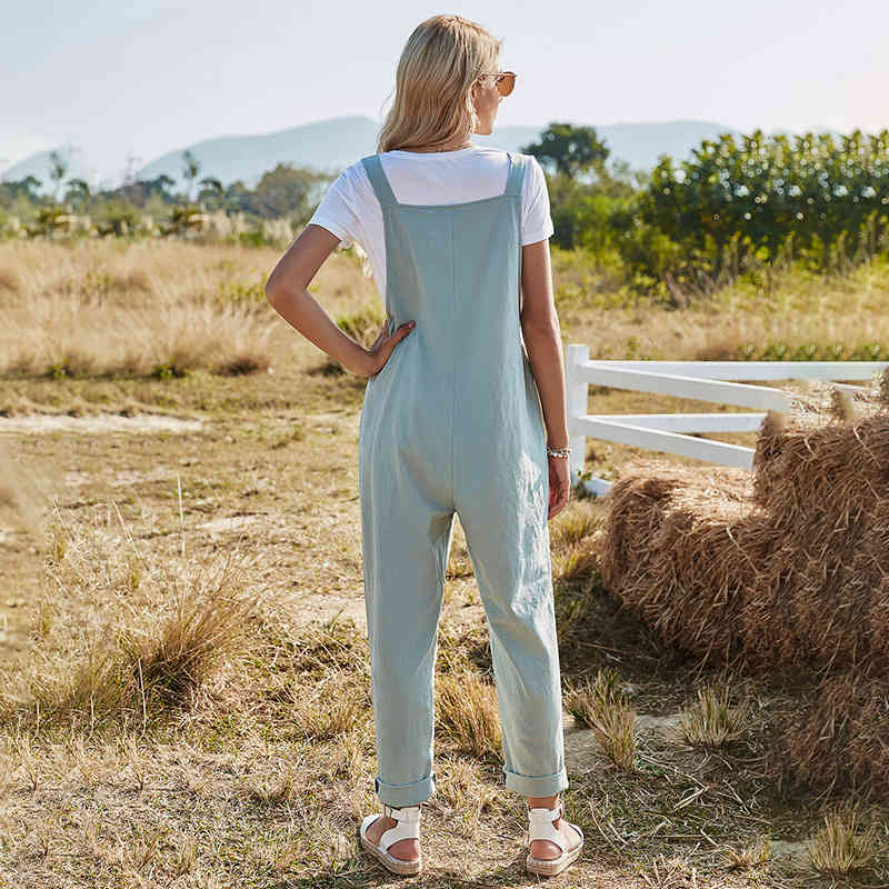 Jumpsuit Overall Women Casual Strap Sleeveless Bow Pocket Loose Cotton Linen Blue Playsuit Spring Autumn Femme Solid Long Romper 210522