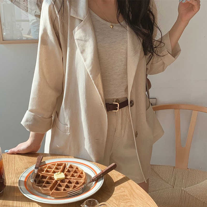 Two Button Simple Cotton Linen Suit Jacket Long Sleeve Thin Air-Conditioned Coat Female Blazer Office Ladies 210601