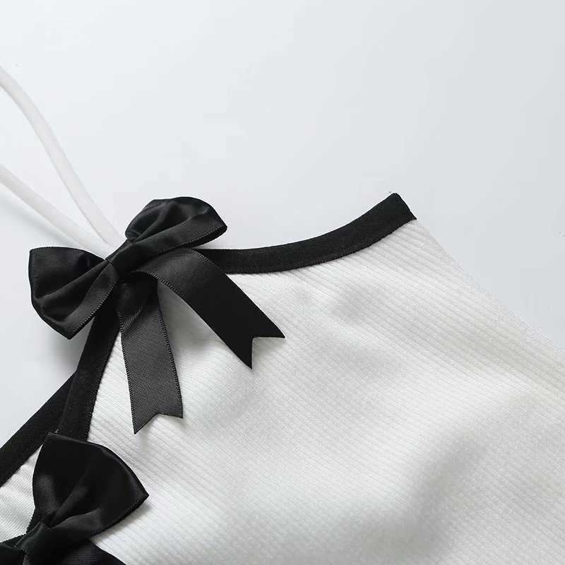 Vintage Women Summer Dress with Black Bow Decoration Sexy Thin Straps Chic Lady Sweet Mini Dresses Casual Woman Robe femme 210709