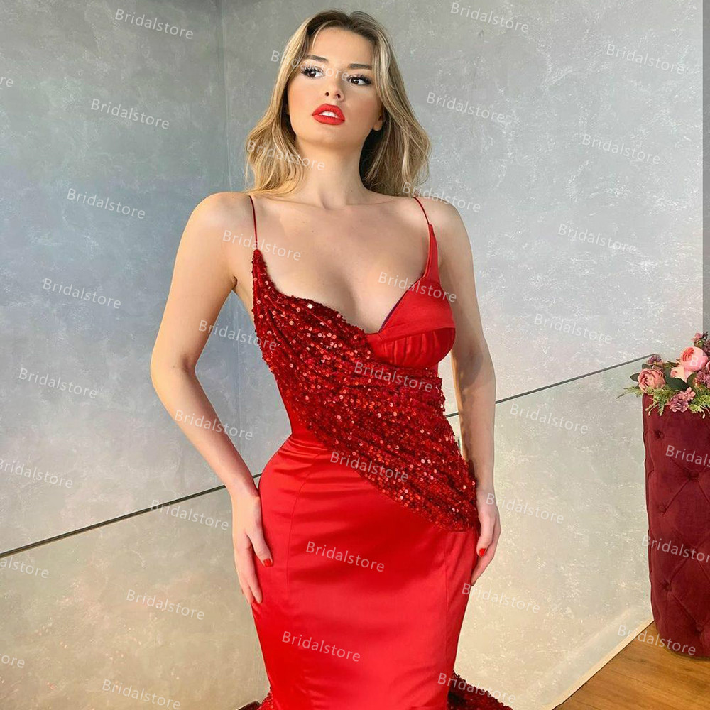 Sparkly Red Sequin Mermaid Evening Dresses Sexy Spaghetti Straps Dubai Formal Prom Dress 2021 Plus Size Femme Vestidos Fiesta Robe De Soirée Mariage