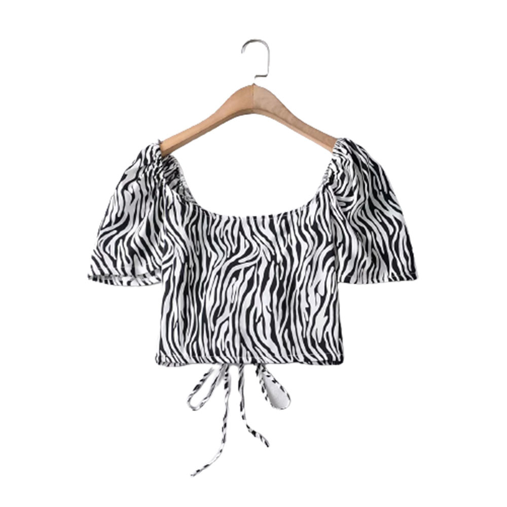 Women Sexy Fashion Chest Drawstring Zebra Pattern Shirts Street Clothes Girls Short Sleeve Chic Tops 210520