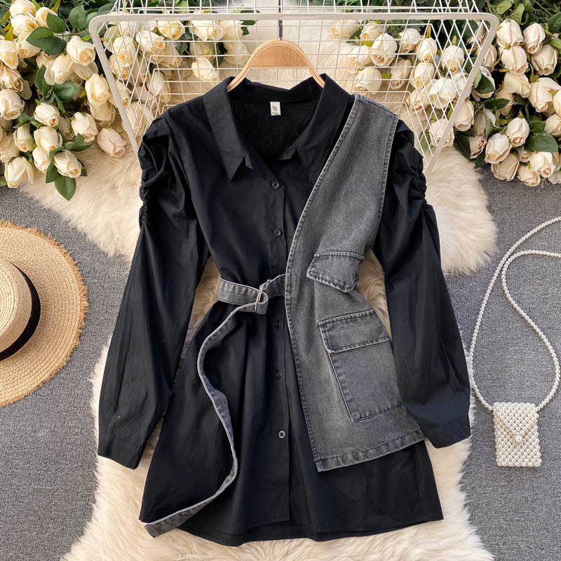 Nomikuma Women Blouse Sets Puff Sleeve Causal Long Blusas Shirt + Belt Slim Waist Demin Vest Spring New Korean Outfit 6E185 210427