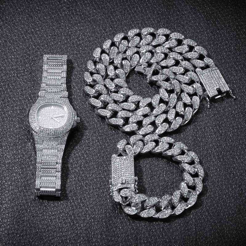 Watch Necklace Bracelet HipHop Curb Cuban Chain Gold Iced Out Miami Paved Rhinestones CZ Bling Rapper for Men Party Jewelry Gift X0509
Watch Necklace Bracelet HipHop Curb Cuban Chain Gold Iced Out Miami Paved Rhinestones CZ Bling Rapper for Men Party Jewelry Gift X0509