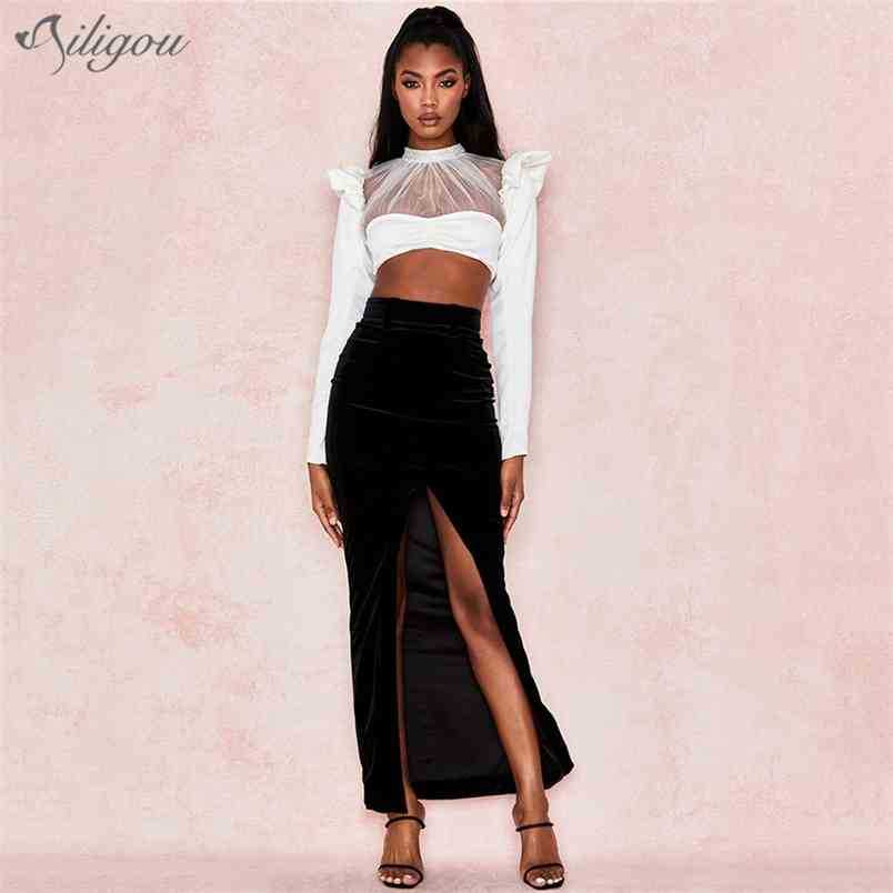 Women's Sexy 2 Piece Two-Piece White Long Sleeve O-Neck Mesh Beaded Top & Black Velvet Split Skirt Party Set 210525
Women's Sexy 2 Piece Two-Piece White Long Sleeve O-Neck Mesh Beaded Top & Black Velvet Split Skirt Party Set 210525
