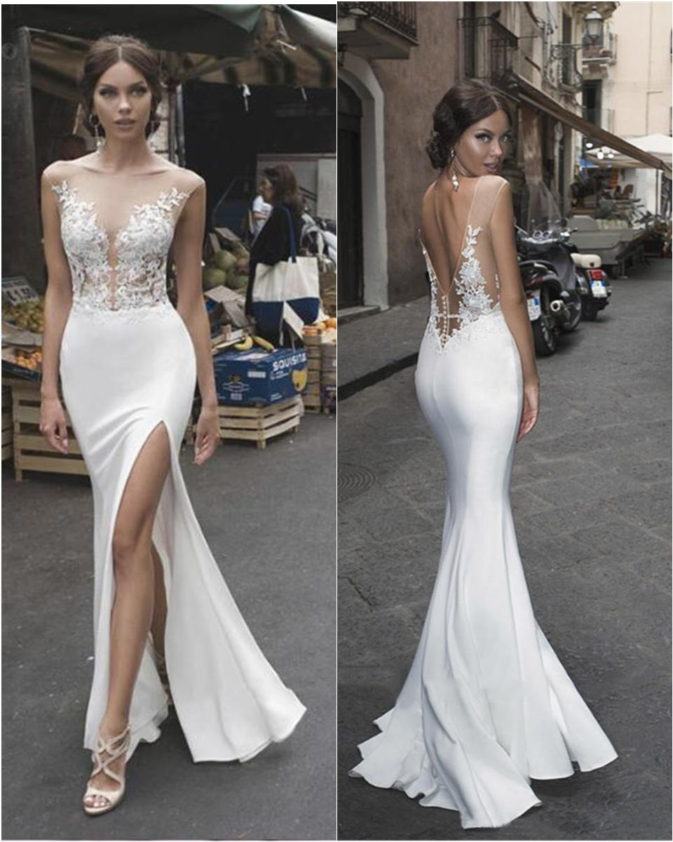 2021 Sexy Side Split Lace Appliques Illusion Beach Bridal Dress Satin Bohemian Formal Gown Sheath Wedding Dresses 0509