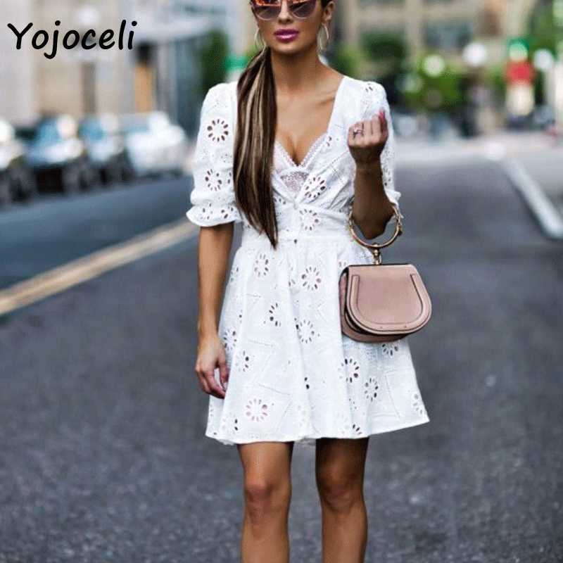 Yojoceli spring summer cotton embroidery dres v neck hollow out skater 210609