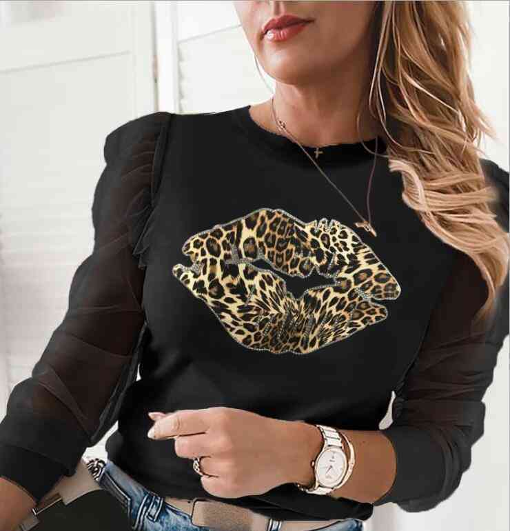 Autumn Patchwork Beaded Sheer Mesh Blouse Sexy O Neck Hollow Out Women Shirt Blusa Elegant Ruffle Puff Long Sleeve Tops Pullover S0806