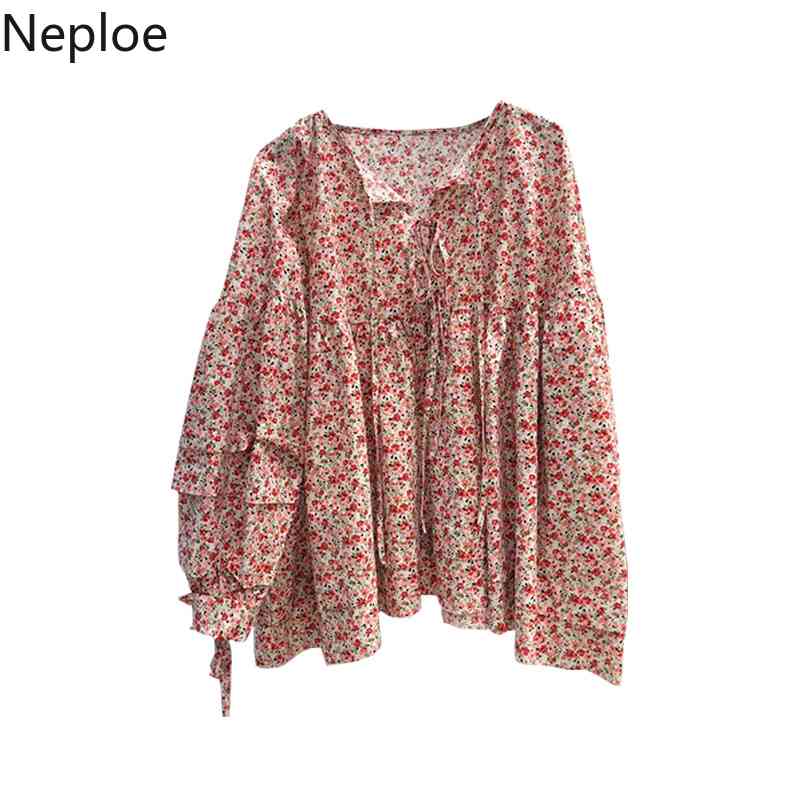 Neploe Vintage Floral Tops Female Loose Thin Long Sleeve Shirt Women Korean Clothing Vintage Blusas O Neck Chiffon Blouse 4h842 210422