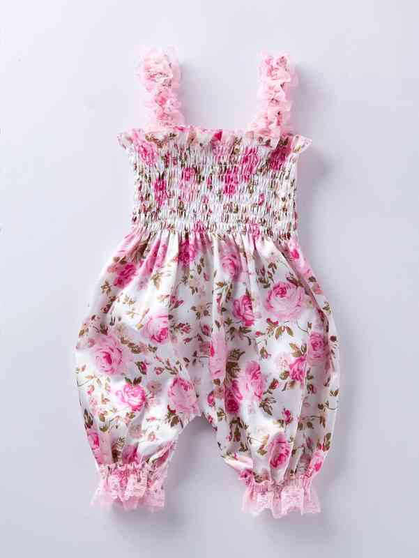 Baby Girl Allover Floral Shirred Satin Romper & Headband SHE