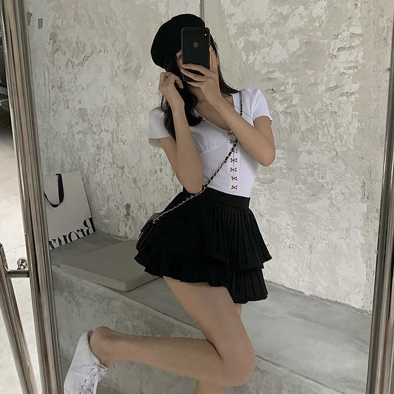 3 Sizes S-l Causal High Waist Summer A-line Pleated Solid Casual Elastic Women Shorts Skirts 210714