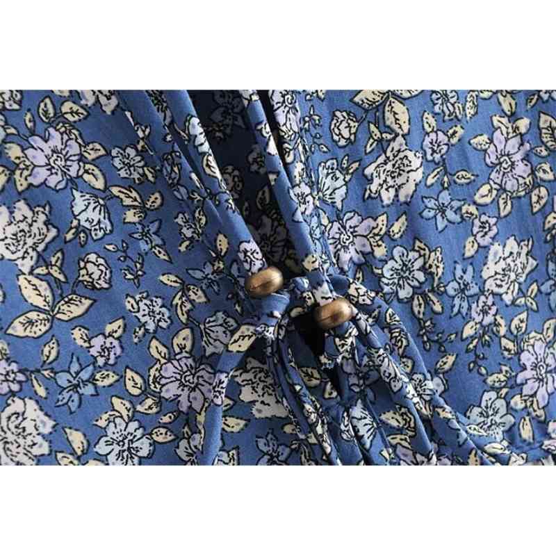 Bohemia Bandage Lacing up Collar Blue Floral Print Dress BOHO Woman Long Sleeve Maxi Holiday Dresses Beach 210429