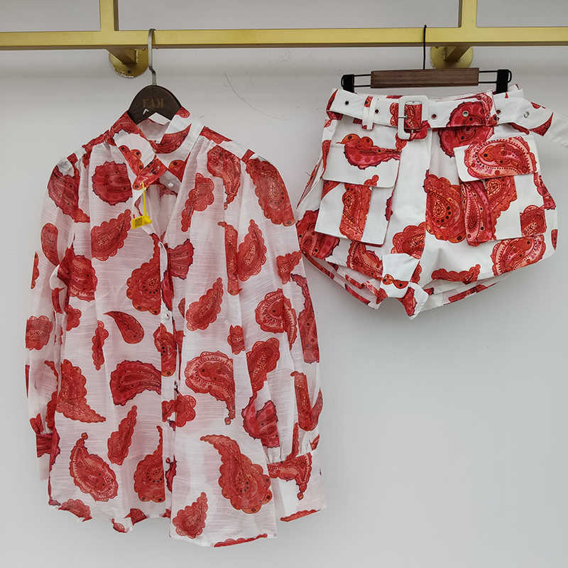 DEAT Summer Fashion Casual Patchwork Loose Print Long Lantern Sleeve Shirt Shorts Two Piece Set Women SD366 210709