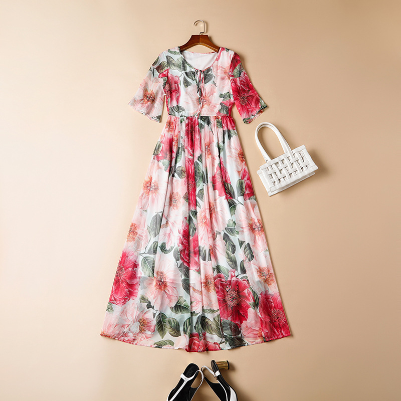 Women's Runway Dress O Neck Short Sleeves Lace Up Floral Printed Elegant Long Dresses Vestidos