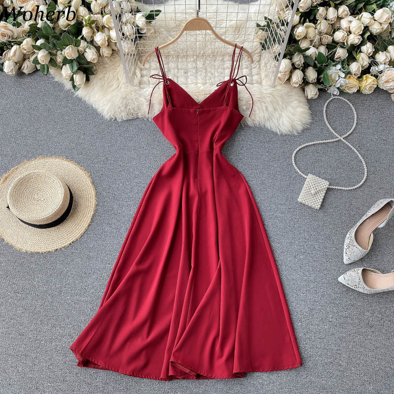 Women Sexy Backless Dress Korean V Neck Sleeveless A-line Dresses Off Shoulder Lace-up Vestidos Mujer Summer Elegant Robe 210519
