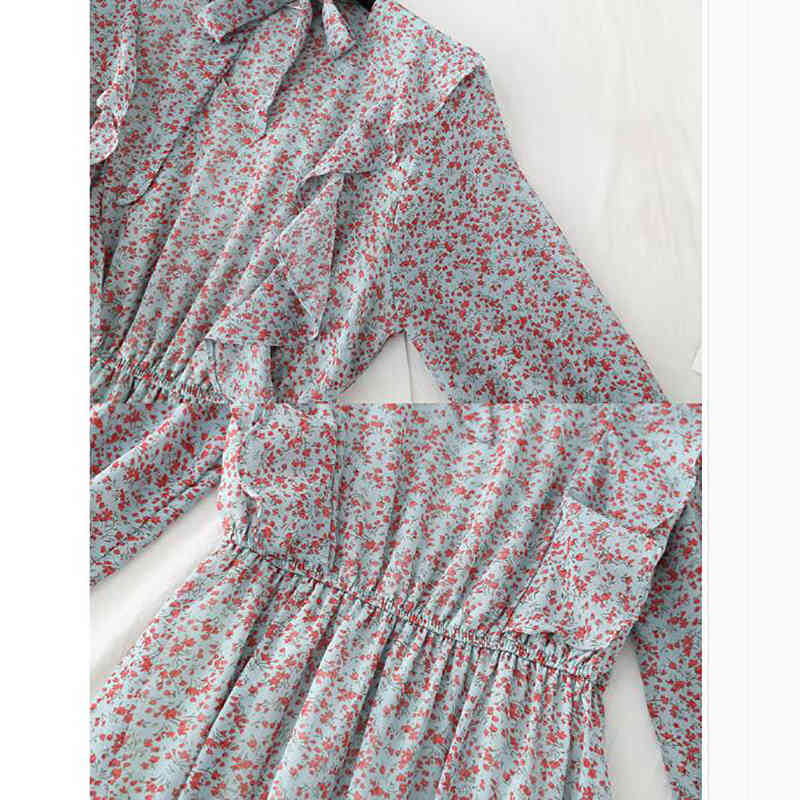 Floral Printing Women Chiffon Dress Spring Vintage V-neck Bow Ruffles Party Vestidos Female Casual Women Midi Dress 210521