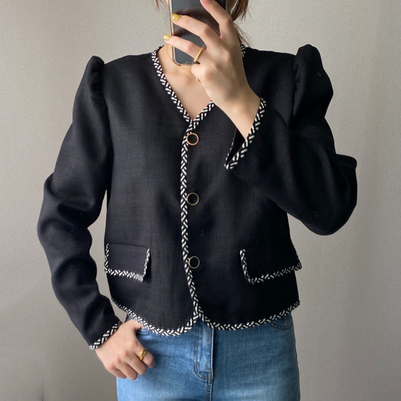 Comelsexy Korean Chic Slim V-neck Contrast Color Line Edge Single-breasted Decorative Pocket Loose Short Jacket Coat 210515