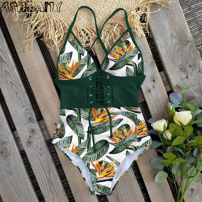 Abdomen Control Wasit Push Up Swimsuit Print Swimwear Vintage Retro Bathing Suits Bodysuit Beach Wear Backless 210611