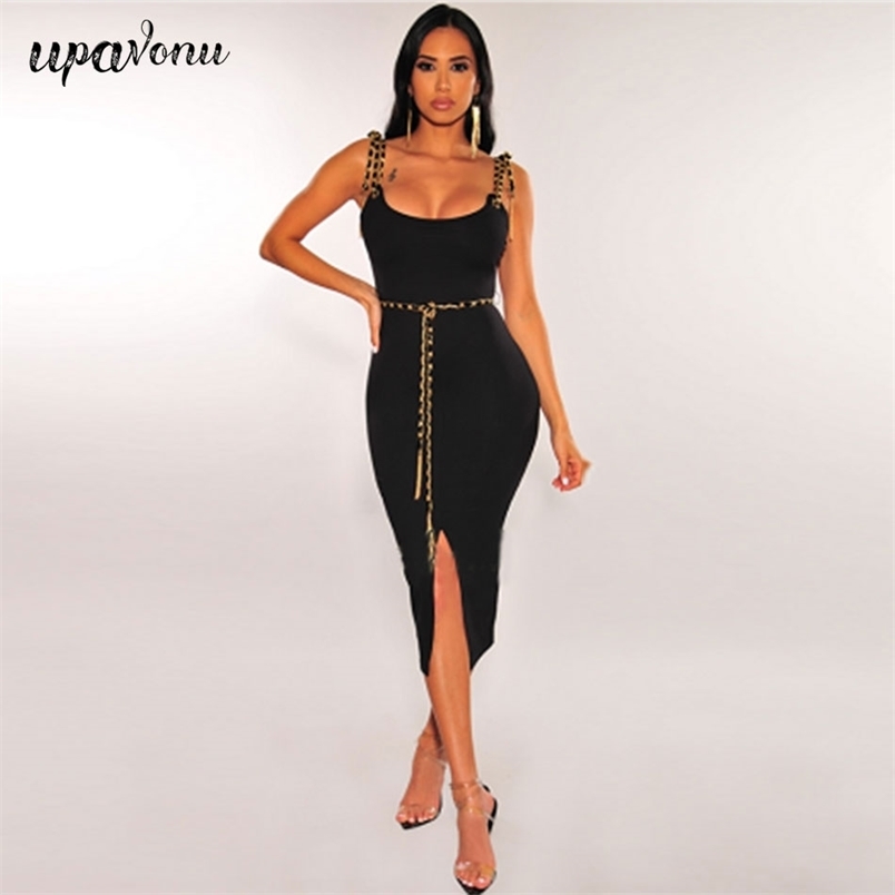 Free Chain Strap Sleeveless Midi Bandage Dress Women Sexy Bodycon Waist Split Club Party es 210524