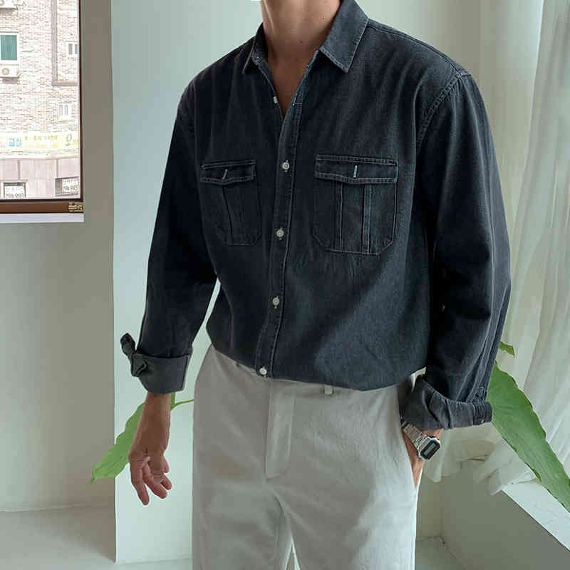 IEFB Spring Denim Shirt Men's Long Sleeve Korean Fashion Workwear Causal Shirts Loose Tops Double Pocket Single Breast Y5901 210524