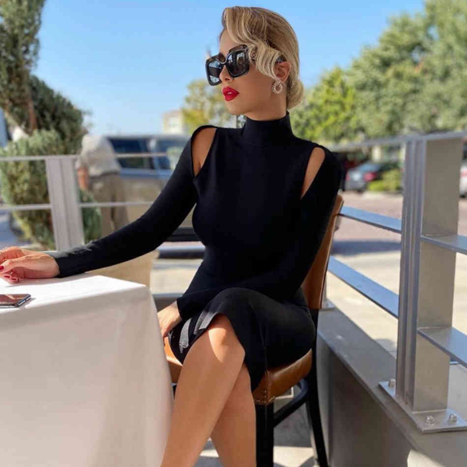 Winter Women Black Long Sleeve Bandage Dress Sexy Backless Hollow Out Club Celebrity Runway Party Bodycon Dresses 210423