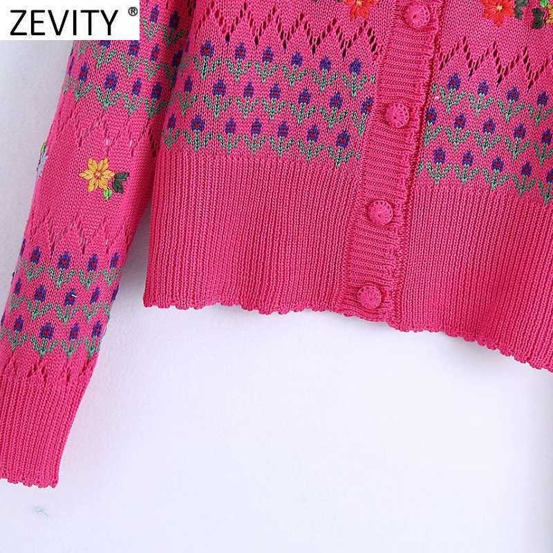 Zevity Women Fashion V Neck Floral Embroidery Hollow Out Crochet Knitted Sweater Female Chic Long Sleeve Cardigan Tops SW832 210603