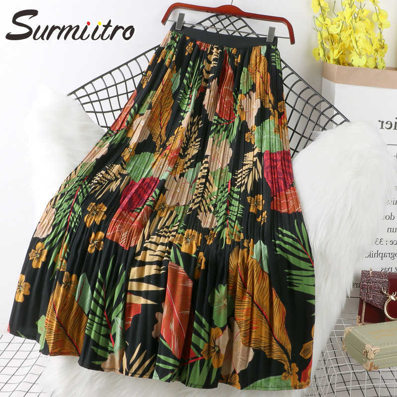 SURMIITRO Floral Print Chiffon Maxi Skirt Women With High Waist Spring Summer Ladies Red Black Long Pleated Female 210619