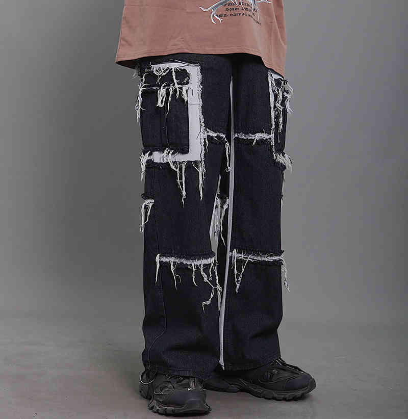 IEFB /men's wear streetewar hip hop loose raw edge patchwork loose jeans male spring straight denim patns 9Y1852 210524